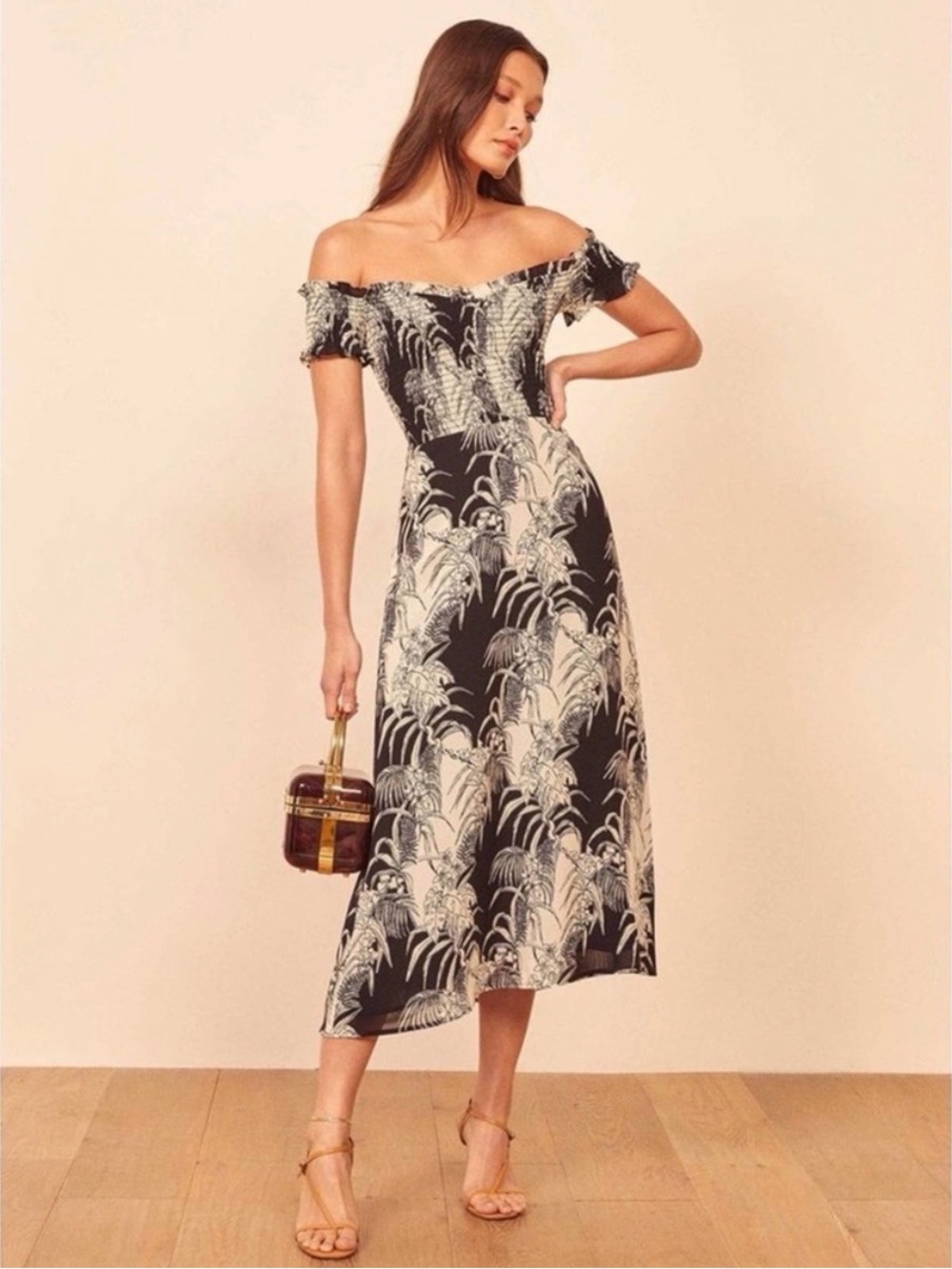 Reformation Murphy Dress Off-Shoulder Black and White Floral Palm Print Midi